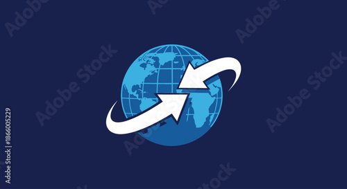 Global exchange network symbol with refresh arrows, representing worldwide communication, connectivity, and data transfer.