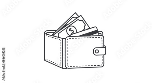 Wallet with cash money bills and credit card outline icon. Financial payment, savings, banking, economy, and budget symbol.