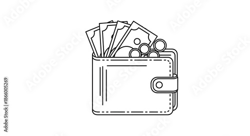 Outline vector illustration of a wallet overflowing with cash and coins, symbolizing money, finance, savings, and wealth concept.