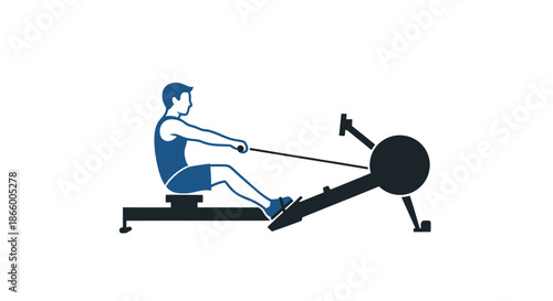 Man rowing on a stationary exercise machine demonstrating fitness.