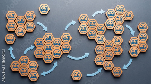 Business team network process with connected people icons showing organizational workflow and collaboration structure.