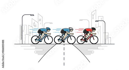 Cyclists Racing on a Road in a Cityscape Vector Illustration.