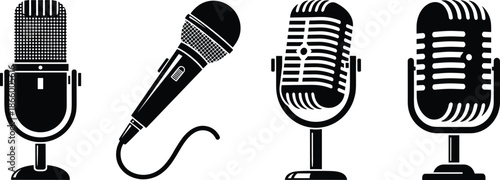 Black and white vector of four microphone styles—studio, handheld, and vintage—ideal for audio, podcast, music, and broadcasting design.