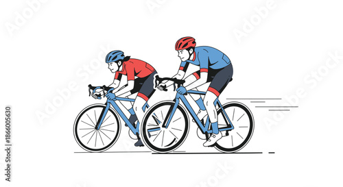 Two Cyclists Racing on Road Bikes Wearing Helmets and Cycling Gear.