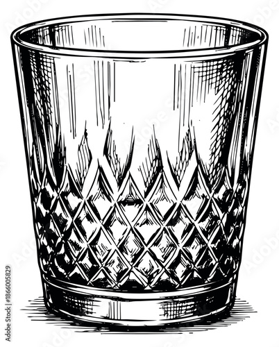 Hand drawn line art illustration of an old fashioned glass depicting its cut crystal texture for drinks and bar designs