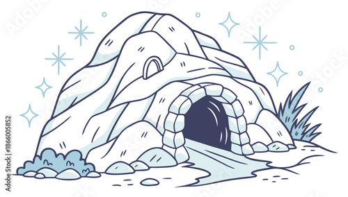 Illustrated igloo in a winter landscape