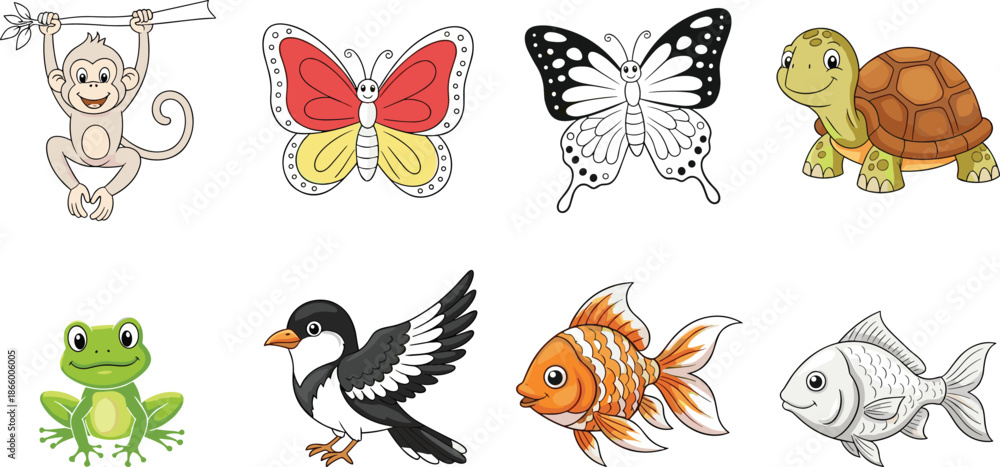 Fototapeta premium Cartoon Animal Set Featuring Colored and Black-and-White Versions – Educational Vector for Kids, Coloring, and Nature Learning
