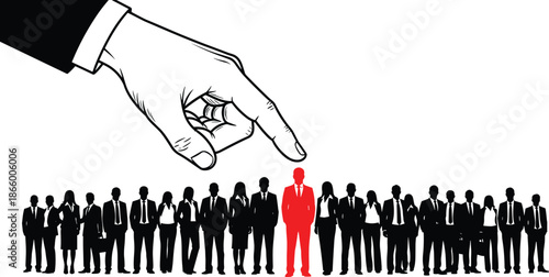 Business selection concept with hand pointing at standout professional, symbolizing recruitment, leadership, recognition, and corporate decision-making.