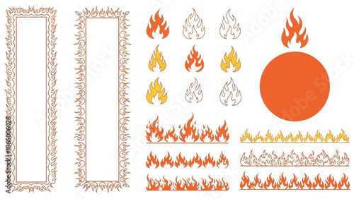 Collection of stylized flame vector elements including icons, borders, and circular designs