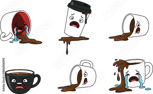 Cartoon coffee cups with emotional faces reacting to spilled coffee in humorous expressions of sadness, shock, and distress