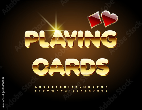Vector Casino logo Playing Cards. Trendy Golden 3D Font. Elite Uppercase Alphabet Letters and Numbers set.