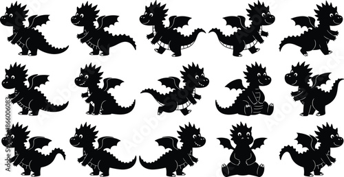 Cartoon Silhouette Illustrations of Fifteen Black Dragons in Various Poses and Expressions Arranged in a Grid Puzzle Format