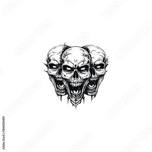 Vintage trio of screaming skulls with tree roots, hand drawn gothic horror skeleton engraving illustration.