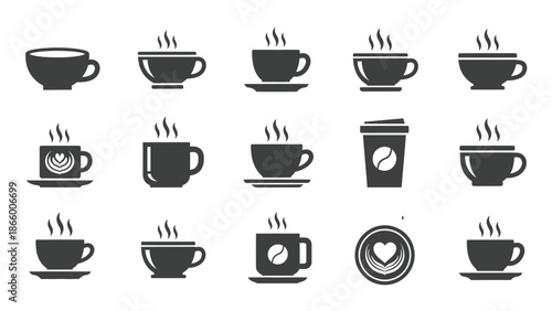 Collection of steaming coffee cup icons in varied beverage styles