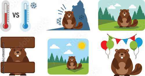 Groundhog weather forecast illustrations with seasonal themes