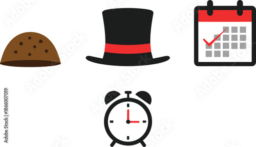 Cookie, hat, calendar, and alarm clock icons in flat design style