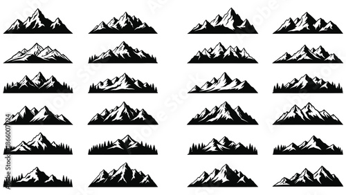 Set of stylized black and white mountain range silhouettes