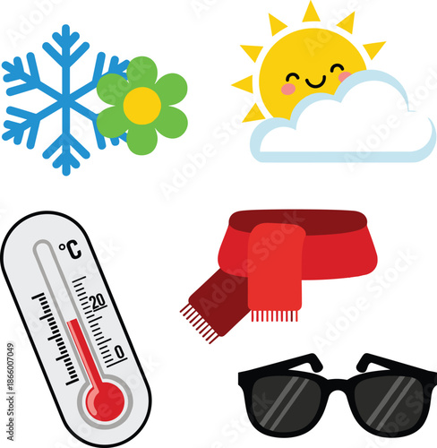 Weather icons for seasonal temperature changes and forecasts
