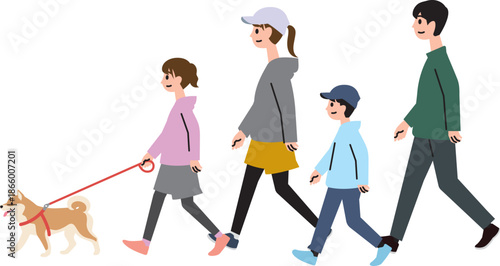 カジュアルな服装で柴犬の散歩をする4人家族