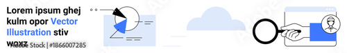 Data chart with pie and bar graphs, magnifying glass inspecting a file, cloud in background. Ideal for data analytics, business research, quality inspection, cloud services, reporting, visualization