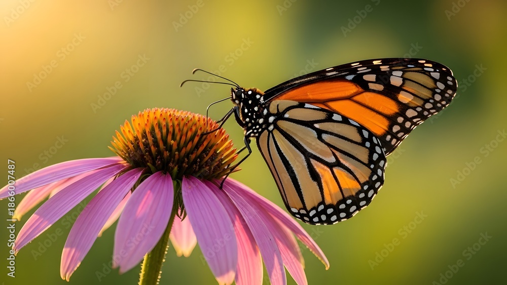 Fototapeta premium A monarch butterfly perched on a purple flower in a sunny garden landscape
