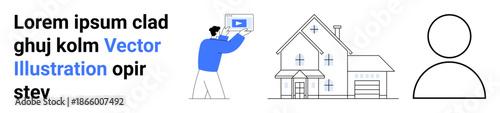 Man holding tablet with displayed content, minimalist house design, and user profile outline. Ideal for technology, real estate, design, profiles, marketing, presentations simple landing page