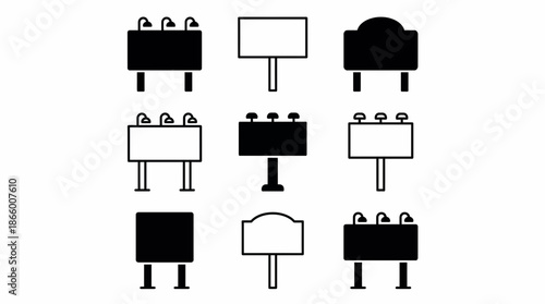 Minimalist vector set of 9 billboard and outdoor advertising sign icons in solid black and outline styles, concept for digital marketing interfaces, information graphics and mobile applications