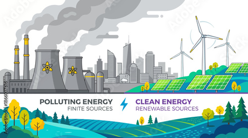 Flat vector comparison of polluting power plants versus clean renewable energy, featuring turbines and solar panels, concept for green technology, climate change action and sustainable future