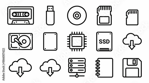 Outline icons showing digital, legacy storage devices including HDD, SSD, USB and cloud data symbols, concept for modern infographics, technology website design and data management applications