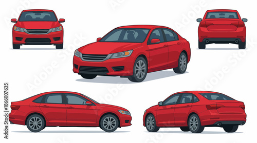 Modern red sedan car vector illustration showing five exterior views: front, side and rear perspectives, concept for vehicle marketing, industry catalogs and transportation graphic design