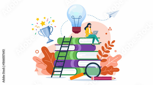 Diligent businesswoman sits on stacked books with a laptop, next to a trophy, lightbulb and ladder, concept for professional development, academic achievements and successful idea generation