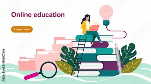 Student using laptop sits on a book stack with a lightbulb, ladder and folders in a modern flat illustration, concept for academic achievements, remote classes and professional development