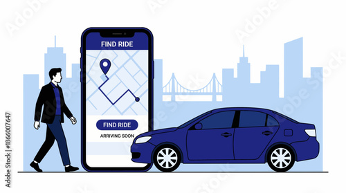 Executive walks beside sedan car and phone displaying ride-hailing app route overlay on city skyline, concept for ride-sharing service, urban mobility and application presentation