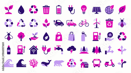 Vibrant flat vector icons showing ecology, recycling and sustainable energy symbols, concept for environmental presentation, renewable resources and conservation infographics