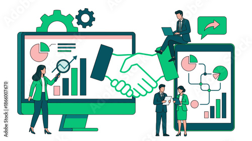 Business analysts examine charts on screens featuring data and a large handshake, concept for corporate identity, financial results and growth strategy