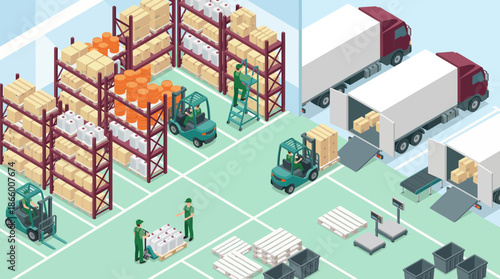 Isometric illustration of workers and forklifts managing goods in a warehouse near delivery trucks, concept for supply chain management, distribution and inventory optimization