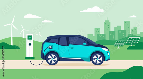 Modern electric vehicle charging near wind turbines and solar panels in a green cityscape, concept for sustainable development, clean transportation and environmental awareness