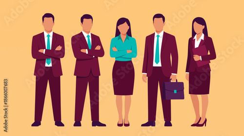 Group of confident business executives and managers standing together in formal attire, flat vector illustration, concept for teamwork, human resources and corporate identity