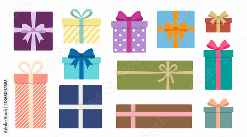 Flat vector set of colorful gift boxes and presents featuring diverse shapes, patterns and decorative bows, concept for holiday promotion, seasonal marketing and celebratory event advertising