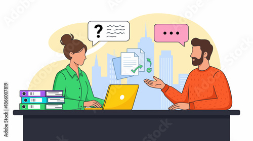 Female employee on laptop discusses document review with colleague over urban background, concept for consultation, team discussion and business cooperation design