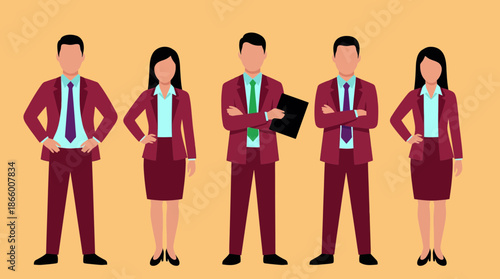 Five vector illustrations of diverse corporate executives and business managers in maroon suits, concept for professional teamwork representation, organizational charts and HR recruitment