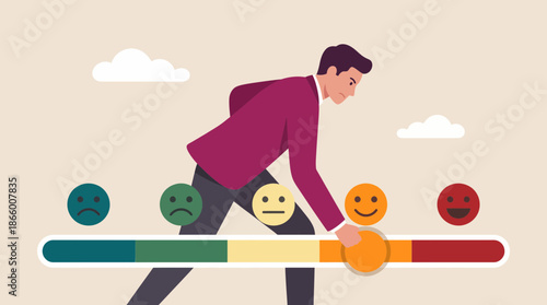 Male manager adjusting five-point customer satisfaction scale slider using emotion rating icons, concept for user experience interface, service quality evaluation and business strategy
