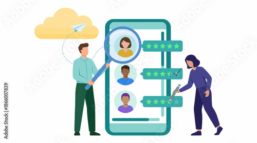 Data analysts evaluating customer profiles and star feedback on a mobile application, concept for CRM, service evaluation and user experience optimization