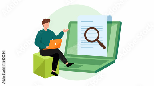 Business analyst uses a small laptop while digitally analyzing a document with a magnifying glass on a huge screen, concept for data verification, information search and SEO review
