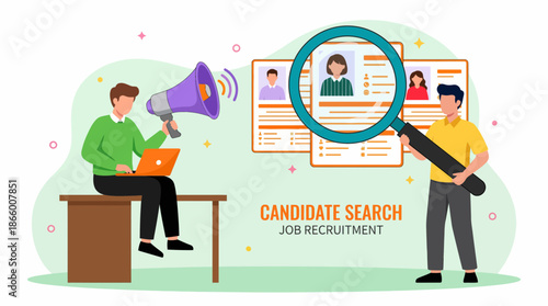 Human resource managers announcing hiring via megaphone and reviewing resumes with a magnifying glass, concept for job recruitment process, candidate selection and employment opportunities graphics