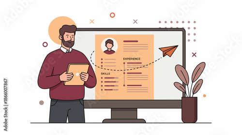 Illustration of a bearded Recruiter holding a tablet next to a large monitor displaying a digital resume template, concept for online job applications, personnel search and hiring process organization