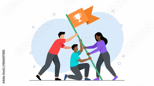 Three diverse office workers unite to raise a success flag with a trophy symbol on a clean background, concept for strategic planning, leadership development and team building