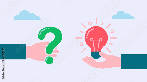 Flat vector illustration depicting hands holding a question mark and a glowing light bulb, concept for problem solving, innovative marketing and business strategy development