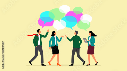 Four business people collaborating with colorful overlapping speech bubbles above, concept for team brainstorming, online communication and modern business meetings