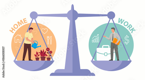 Illustration of a weight scale balancing 'Home' and 'Work', concept for time management training, corporate HR policy and employee wellbeing campaigns